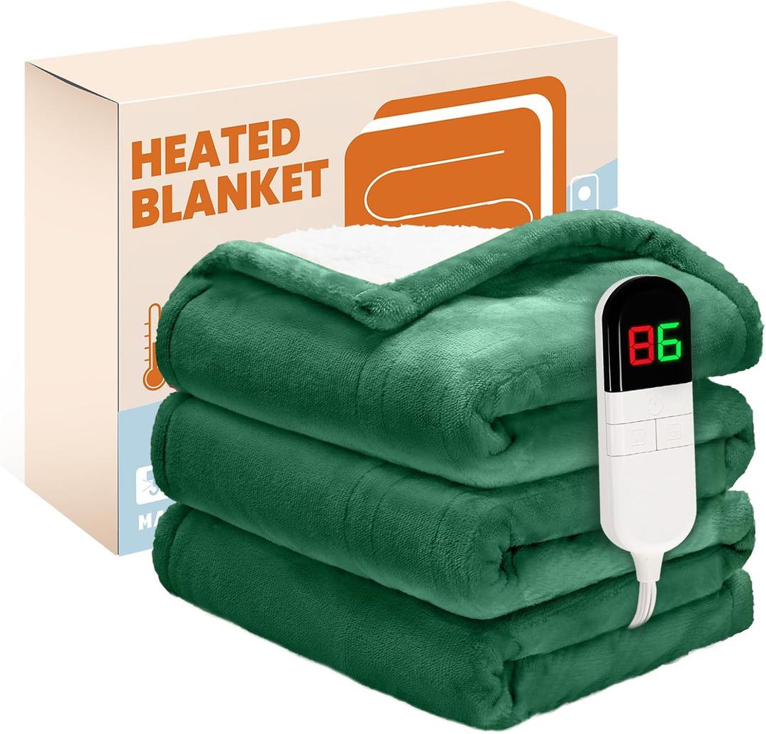 Electric Heated Blanket,Flannel & Sherpa Heated Throw Blanket 50"x60",Fast Heating Soft Fleece Blanket with 8 Heating Levels & 8H Auto Off - Forest Green