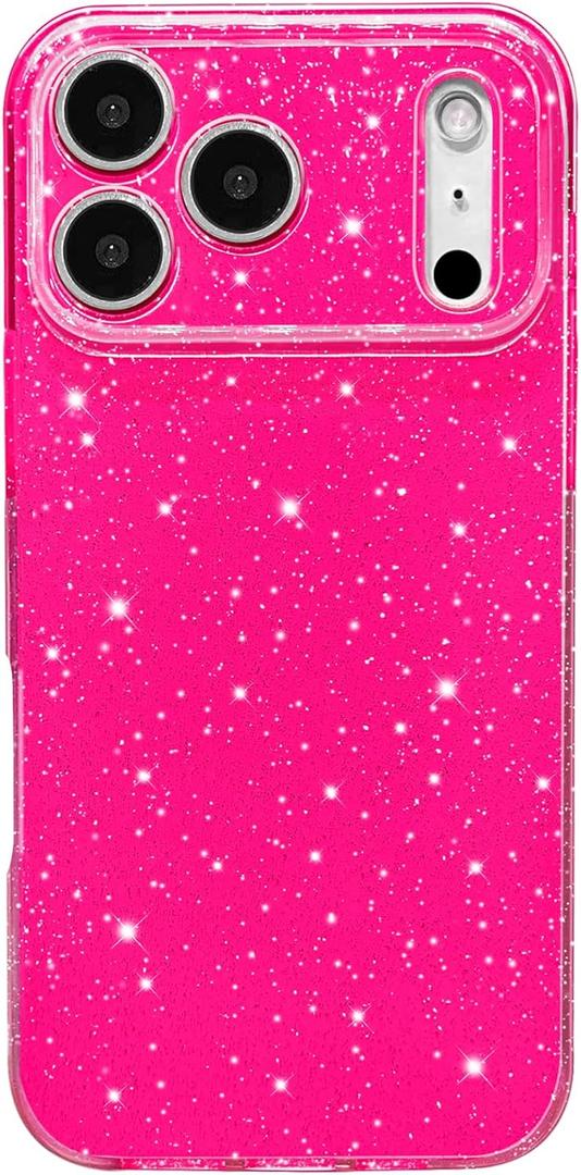 Hython Case for iPhone 17 Pro Case Glitter Cute Sparkly Shiny Bling Sparkle Phone Cases 6.3", Thin Slim Fit Soft TPU Bumper Shockproof Rubber Protective Cover for Women Girls Girly, Hot Pink