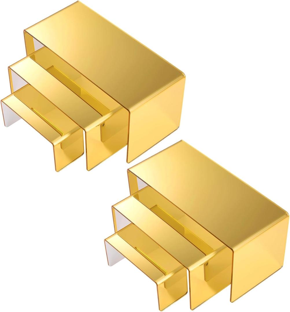 Chuangdi 2 Sets Acrylic Display Risers, Product Stand, Jewelry Display Riser Shelf Showcase Fixtures for Dessert Cupcake Candy Figure Treat Action Showcase (Gold, Large Set)