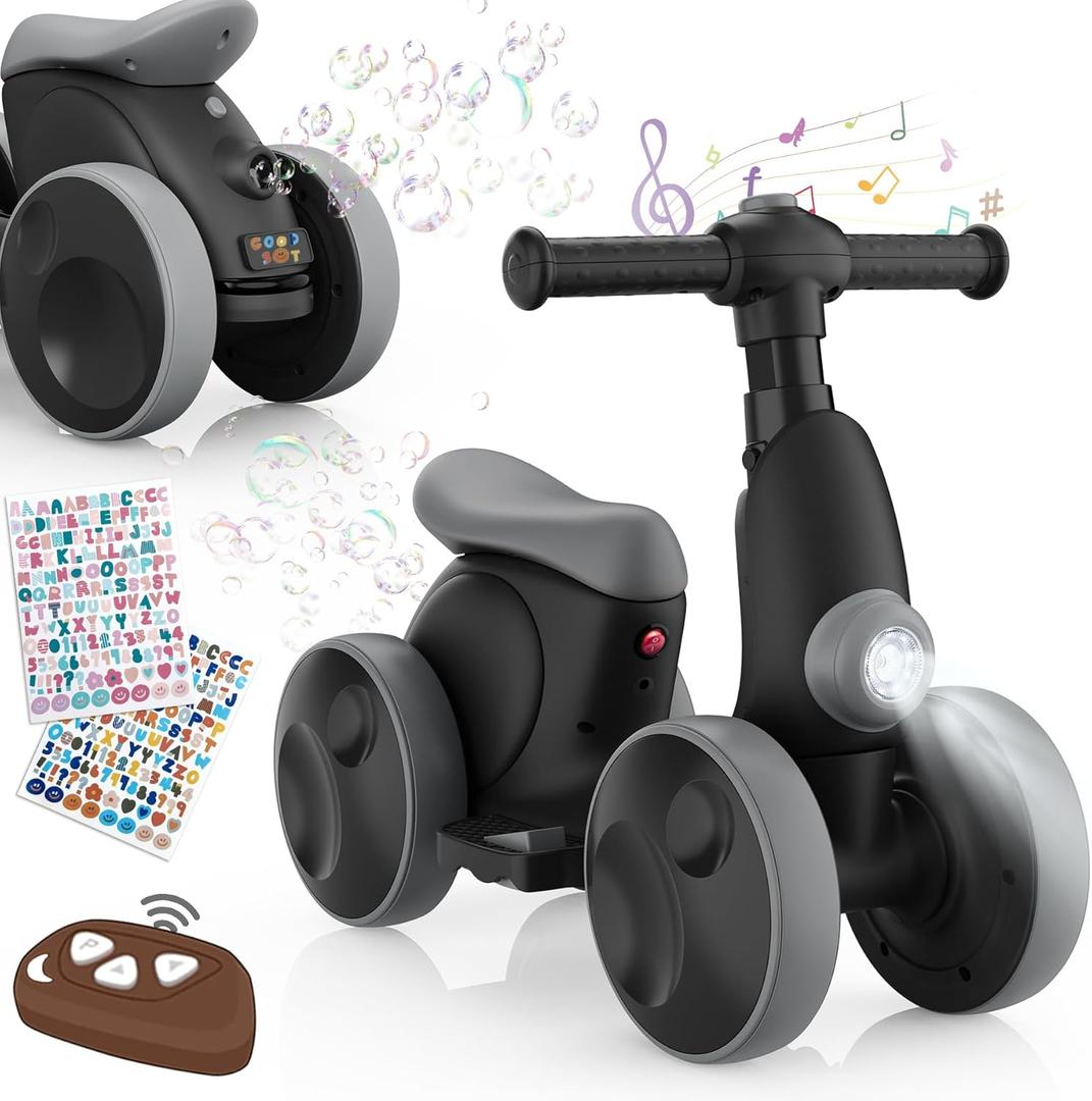 Electric Baby Balance Bike with Bubble Machine for 1 Year Old Boys Girls 4 in 1 Ride On Toys Toddler Balance Bike 12-48 Month Kids Bubble Bike First Birthday Gift with Powered Motor, Music, LED Lights