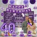 Crenics Purple 40th Birthday Decorations for Women - Back in 1986 Backdrop, Banner, Swirls, Centerpieces, Sash, Paper Pom Poms, Cake Topper and Balloons for 40 Birthday Party Supplies