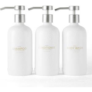 Shampoo and Conditioner Dispenser Set of 3,Refillable 21oz Shampoo Bottles with Non-Slip Protective Silicone Pad,Shower Soap Dispenser with Waterproof Labels for Bathroom (White)