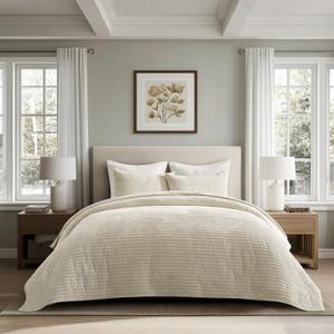 EVERGRACE Velvet Quilt Set California King 118'' x 106'', Luxurious Soft Striped Channel Bedding Set, Lightweight Velvet Comforter for All Season, Oversized Bedspread Coverlet w/ 2 Shams, Beige