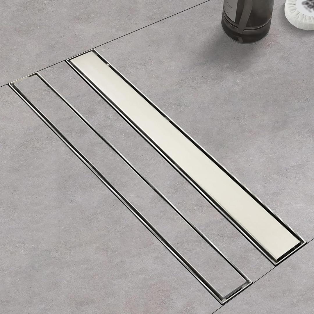 Linear Shower Drain 24 Inch Brushed 304 Stainless Steel Rectangle Shower Floor Drainwith Reversable Tile-inPattern Drain Cover & Hair Catcher, Adjustable Feet