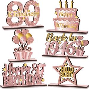 6 Pcs 80th Birthday Decoration Vintage 1946 Wooden Table Centerpieces Decoration Pink Rose Gold Hello Eighty Party Supplies Happy 80th Birthday Decorations for Women 80th Party Table Sign Decor