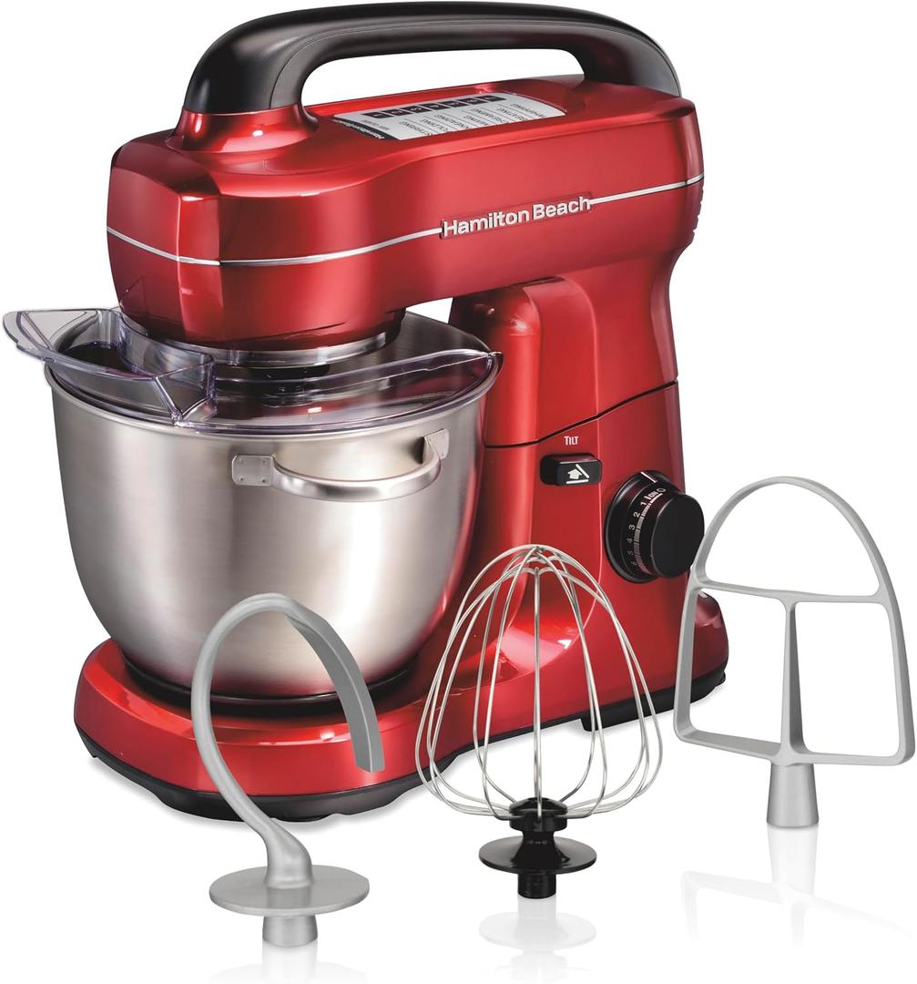 Hamilton Beach Electric Stand Mixer, 4 Quarts, Dough Hook, Flat Beater Attachments, Splash Guard, 7 Speeds with Whisk, Easy-Carry Top Handle, Red