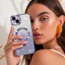 NITITOP Compatible with iPhone 15 Case Cute Clear Glitter [Compatible for MagSafe] Plating Heart Sparkle Bling Magnetic Girl Women Electroplated Frame Camera Protection Back Cover - Purple