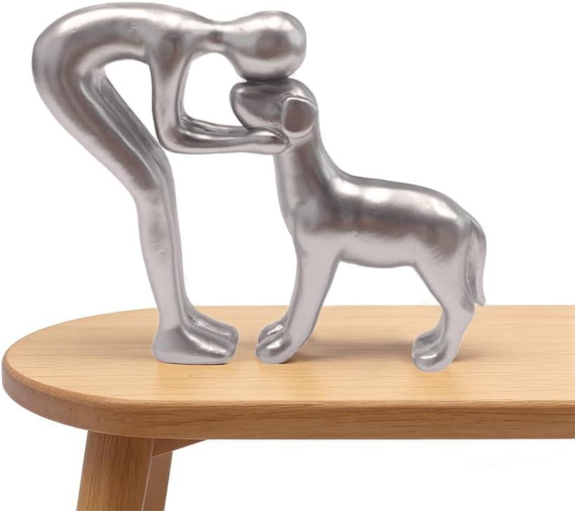 Dog Memorial Gifts for Loss of Dogs, Human and Dog Hugging Sculpture Decor - Handcrafted Loved Pet Memorial Statue Gifts for Home, Room, Bathroom, Office, Silver Dogs Memorial Statue for Dog Lover