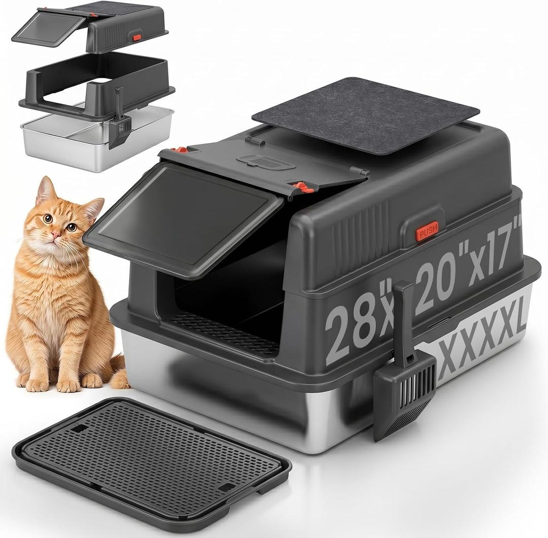 XXXXL Extra Large Stainless Steel Litter Box with Lid and Cat Scratching Pad,28" Lx20.5 Wx17 H Covered Cat Litter Box,Jumbo cat Litter Box Enclosure,Suitable for Large Cats and Multiple Cats