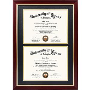 GMFrames Double Diploma Frame for Two 8.5x11 Certificates with Black over Gold Mat, Solid Wood, UV Protection Acrylic, Cherry Finish with Gold Trim