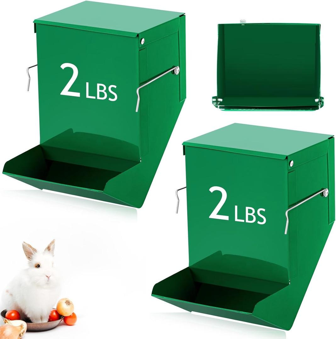Maxcheck 2 Pcs Rabbit Feeder for Cages Small Animal Food Dispenser with Lid Metal Chicken Grit Oyster Shell Feeders Outside(4.7 Inches,Solid Bottom,Green)