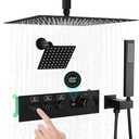 Enga Temperature Display Shower System with Dual Shower Heads, 16" + 6" Dual Rain Shower System, Push-button Valve Thermostatic Shower Faucet Set, Can All Run Together & Flow Adjustable, Matte Black