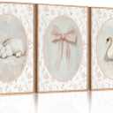3Pcs Pink Vintage Nursery Wall Art Cute Animal Rabbit Swan Bow Flower Canvas Posters Prints Baby Girl Room Picture Wall Decor for Girls Room Bedroom Decorations Unframed (24L"x16W")