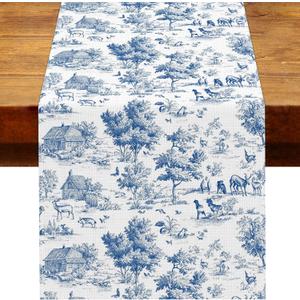 Blue and White French Vintage Table Runner Vintage Toile de Jouy Country Cottagecore Home Kitchen Dining Room Table Decor