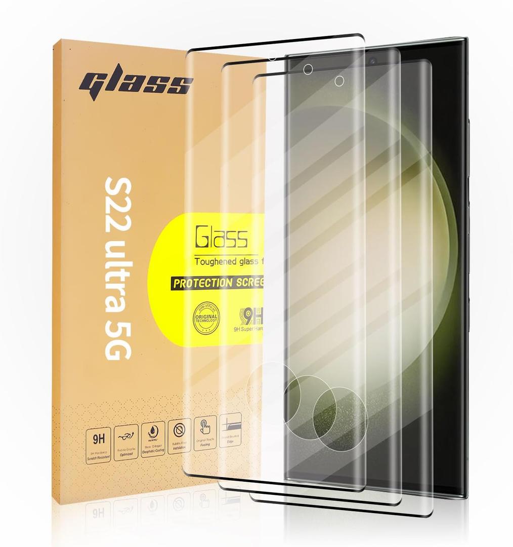 3 Pack Curved Tempered Glass Screen Protector for Samsung Galaxy S22 Ultra 5G, HD Clear, Scratch Resistant, Fingerprint ID Friendly, 6.8-inch, 3 Pieces