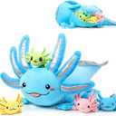 Aoriher 5 Pcs Axolotl Plush Set 24 Inch Mommy Axolotl Stuffed Animal with 4 Cute Plush Babies in Belly Soft Cuddly Plushie for Kids Sleeping Birthday Graduation Valentine Gift Party Favors (Blue)