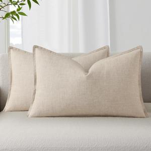 DecorUhome Summer Decorative Linen Throw Pillow Covers 12x20 Inch Set of 2 Natural Beige Lumbar Pillow Covers with Flange Edges Soft Farmhouse Boho Accent Pillow Cases for Couch Bed Living Room