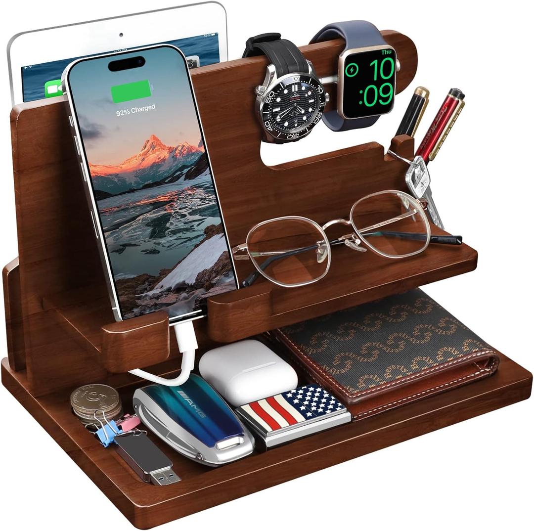 Wood Phone Docking Station - Nightstand Charging Organizer and Cell Phone Stand - Bedside Gift for Men (Brown)