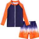 Boys Two Piece Swim Set Zipper Rash Guard Swimsuits Long Sleeve Bathing Suit for 4-12 Years (9-10 Years, Orange Graffiti)