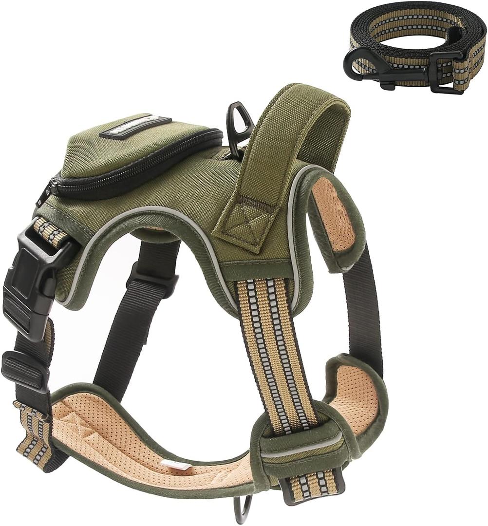 No Pull Dog Harness for Medium Dogs, Adjustable No Choke Pet Vest with Dog Leash Fit Smart Reflective Pet Walking Harness for Training Easy Control Soft Handle Green M (Army Green)