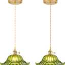 Vintage Pendant Lights Kitchen Island 2 Pack, Adjustable Pendant Light Fixtures with Green Lily Glass Lampshade, Gold Kitchen Pendant Lighting Over Island, Pendant Light for Dining Room Hallway