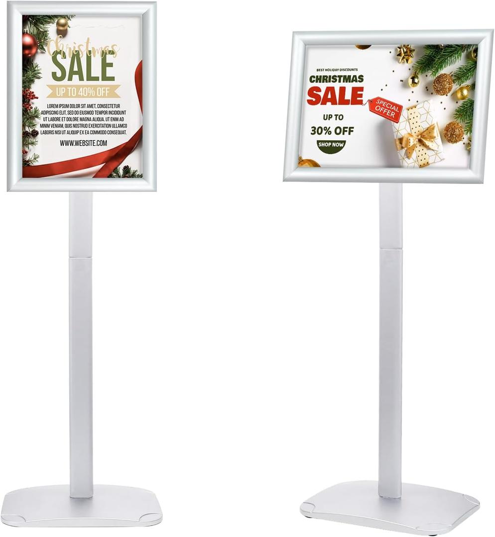 Heavy Duty Pedestal Sign Holder for Display, 8.5 x 11 inches Adjustable Floor Standing Sign Holder with Weighted Base , Vertical and Horizontal View Sign Stand for Indoor/Outdoor AdvertisingSilver