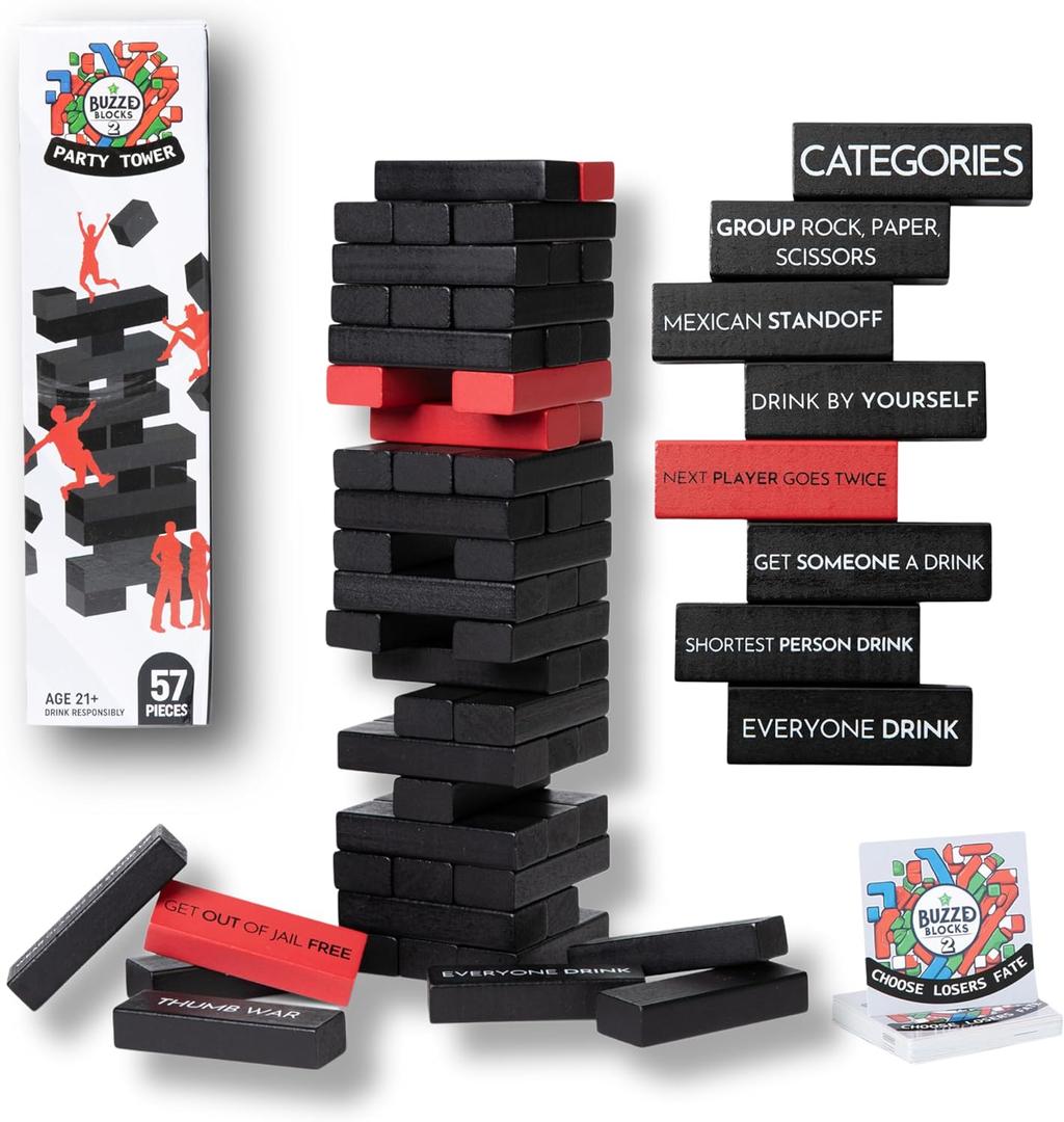 Ultimate Party Tower with Hilarious Games and Commands | Classic Stacking Game with Fun Original Rules | Funny Entertaining Party Game for Adults 21+ (Black)