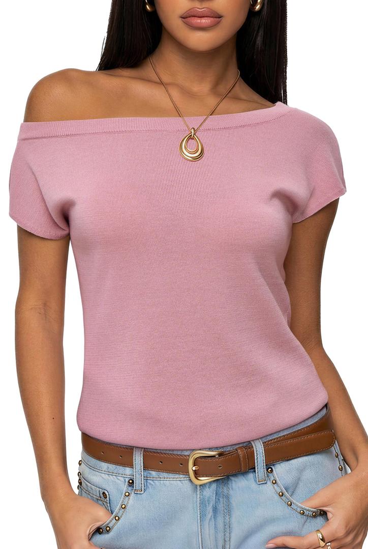 SUUKSESS Women Silk Cashmere Blend Off The Shoulder Tops Summer Lightweight Knit Trendy Sweaters Going Out Loose Fit Shirts (Light Pink, Small) (Pink, S)