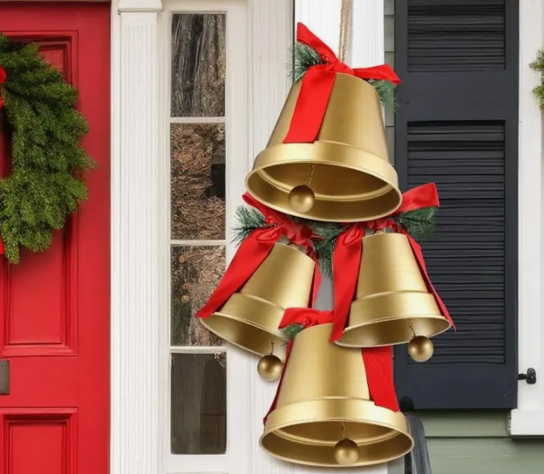MorningRo 4 Pcs 8+6.5in Gold Giant Bells Extra Large Christmas Bells for Outside Decor for Xmas Tree Doors Firepalces Unique for Large Xmas Bell Ornaments Garland Indoor Outdoor