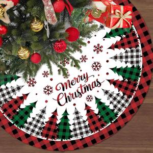 48 Inch Christmas Tree Skirt Red Black Buffalo Plaid Tree Skirt Rustic Merry Christmas Round Trees Mat with Snowflakes for Winter Holiday Party Home Xmas Trees Decoration
