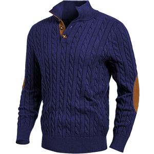 JMIERR Men's Cable Knit Pullover Sweater Casual Long Sleeve Stand Collar Button Knitted Sweaters (Navy Blue)