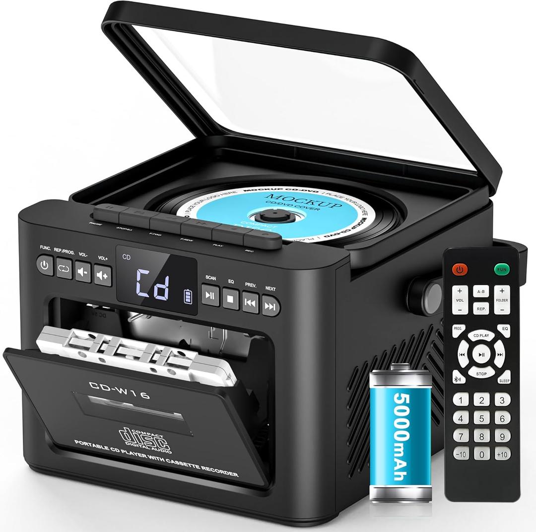 Greadio Boombox CD and Cassette Player Combo, 5000mAh Rechargable CD Player Boombox with Bluetooth Receive/Transmit/FM Radio/USB/TF/AUX/Remote Control, Boom Box Cassette Player for Home Outdoor (Black)