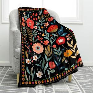 Jekeno Colorful Flowers Plant Blanket Floral Gifts for Women Kids Girls Mom Wife Sister Female Friends Birthday Christmas Halloween Easter Decor Home Bedroom Living Room Throw Blanket 50"x60" (Black Red Blue)
