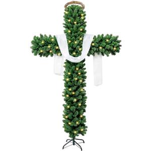 6ft Skinny Cross Christmas Tree with 33ft Plug-in String Lights(100 Bulbs) & White Silk Scarf & Crown of Thorns, Jesus Christ Catholic Cross Decor, Xmas Holiday Home Indoor Outdoor Decorations