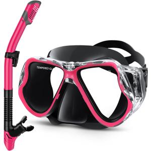 Greatever Dry Snorkel Set,Panoramic Wide View Anti-Fog Scuba Diving Mask,Professional Snorkeling Gear for Adults Kids (Large, Black Pink)