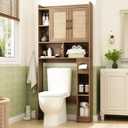 RUSTOWN Rattan Over The Toilet Storage Cabinet,Boho Over Toilet Bathroom Organizer with 2 Doors & Adjustable Shelves,Modern Above Toilet Rack with Toilet Paper Holder for Bathroom (Rustic Oak)