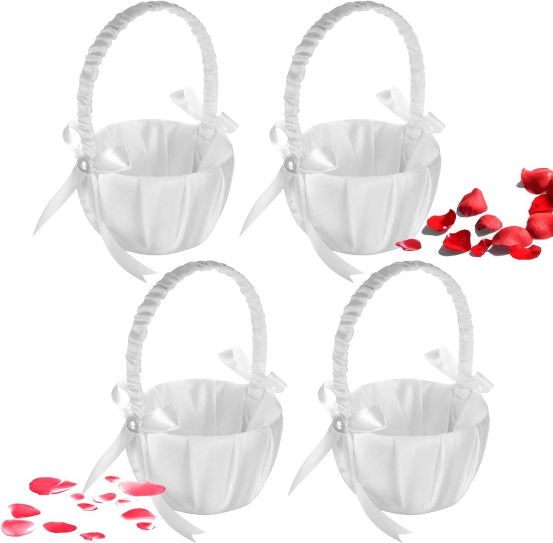 4PCS Wedding Flower Baskets, White Satin Bowknot Flower Baskets Pearl Collection Flower Girl Baskets for Weddings (Pearl Bow)