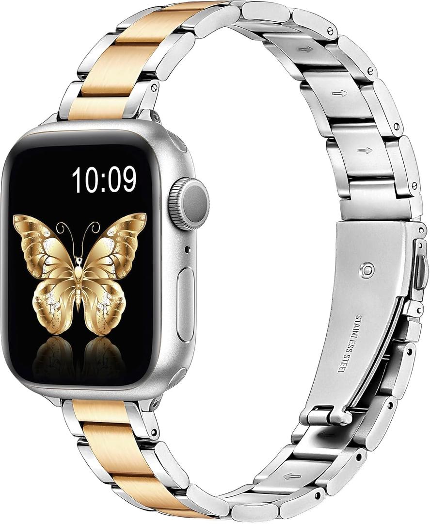 wipalor Metal Stainless Steel Band Fit iPhone Watch Bands for Women 42mm 41mm 40mm 38mm, Thin Slim iWatch Bands for Women Cute Band for Apple Watch Bands Series 11 10 9 SE 8 7 6 5 4 3-Silver/Gold