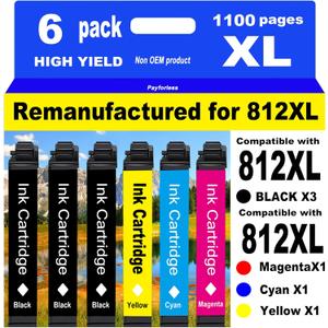 PayForLess for 812XL Remanufactured for Epson 812XL Ink cartridges Combo Pack 812 XL for Workforce Pro WF-7840 WF-7820 WF-7310 EC-C7000 Printer 3 Black 1 Cyan 1 Magenta 1 Yellow 6 Pack