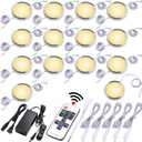 Under Cabinet LED Puck Lights, Counter Closet Lighting, Daisy Chained linkable, 110V Plug-in & Direct Hardwiring, Wireless RF Remote Control Dimmable, White Cables, Warm White, 14 Lights
