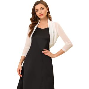 Allegra K Women's 3/4 Sleeve Sheer Mesh Shrug Open Front Cropped Bolero Cardigan (White), Small