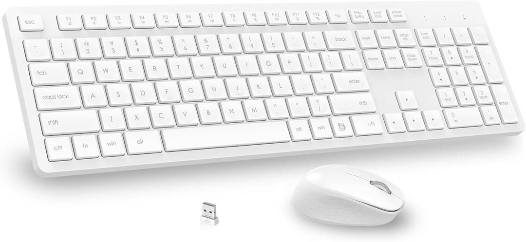 LeadsaiL White Wireless Keyboard and Mouse Combo, Full-Sized Ergonomic Computer Keyboard, 2.4GHz USB Cordless Keyboard Silent Mouse Set, 12 FN Shortcuts for Windows MacOS Laptop Computer