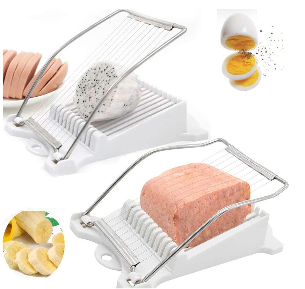 Luncheon Meat Slicer 1 Piece, BEMINH Egg Fruit Slicer Soft Food Cheese Sushi Cutter Canned Meat Cutting Machine with 10 Wires Stainless Steel Kitchen Splitter Meat Slicer (White)