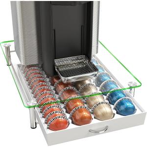 DecoBrothers Crystal Tempered Glass Vertuo Pod Holder Drawer, 28 Large or 56 Small Nespresso Capsule Organizer, White (56 pcs Capacity)
