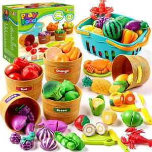 JOYIN Learning Toys Play Food Set for Kids, Cutting Food for Preschool Activities, Play Kitchen Accessories, Educational Toys, Color Sorting Set for Boys & Girls, Back to School Gifts for Kids, Child-size