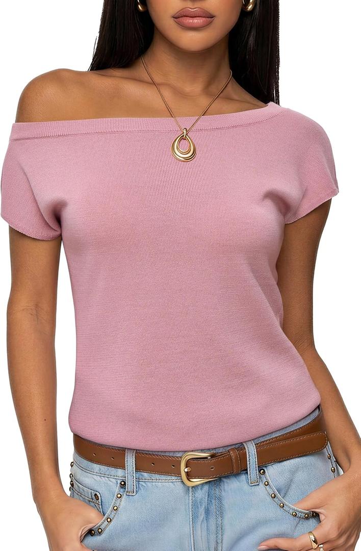 SUUKSESS Women Silk Cashmere Blend Off The Shoulder Tops Summer Lightweight Knit Trendy Sweaters Loose Fit Shirts (Pink, XS)