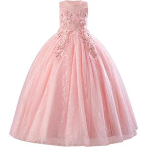 IDOPIP Sequin Flower Girl Lace Dress for Kids Wedding Pageant Party Formal Long Gown Princess First Communion Tulle Dresses (13-14 Years, Pink)
