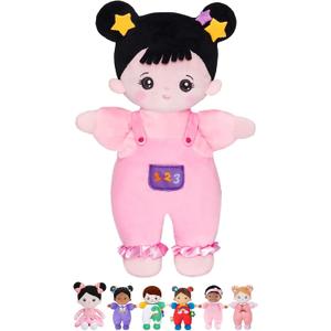 OUOZZZ Soft Baby Doll 10" - Asian Doll First Birthday Toys for 1 Year Old Girl, Ideal 1 Year Old Girl Gifts & Baby Girl Gifts, Snuggle Buddy for Infants Pink Straps Black Hair, B-bandeau Pants