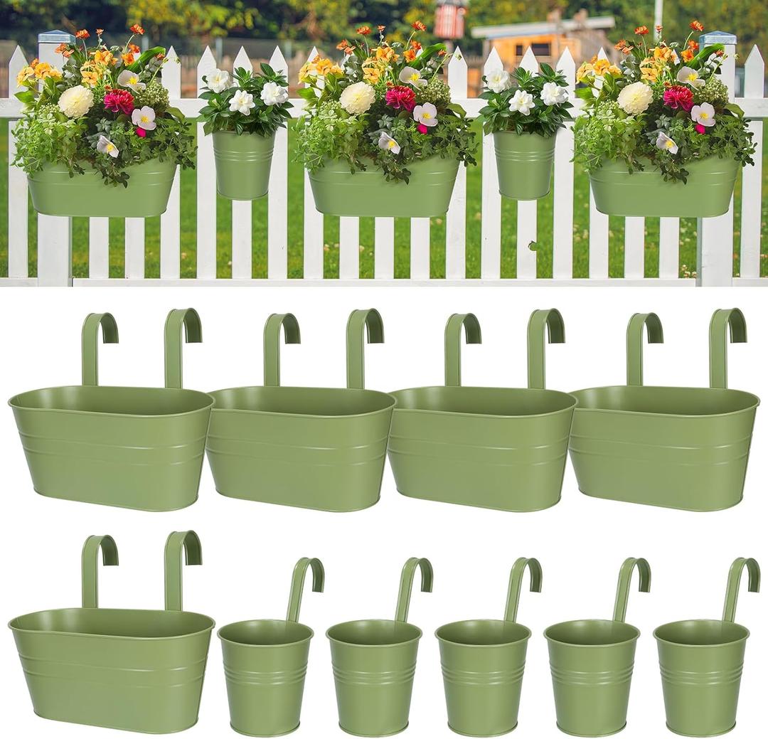 HowRU Metal Iron Flower Pots for Railing Fence Hanging Bucket Pots(5 Pcs) and Hanging Flower Pots Metal Iron Bucket Planter(10 Pcs) (Green)