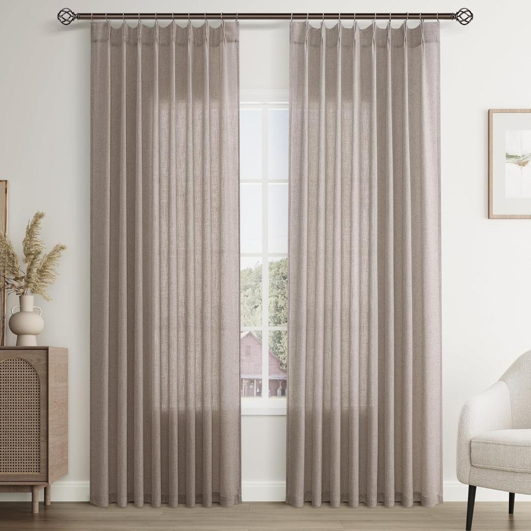 Joywell Linen Pinch Pleated Window Curtains 90 Inch Long,Back Tab Clip Rings Semi Sheer Light Filtering Drapes with Hooks for Bedroom Living Room Decor,W50 x L90,Camel,2 Panels Set